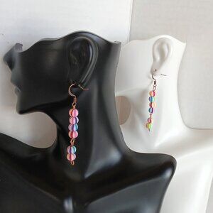 Handmade Rainbow Earrings With Striped Round Polymer Beads on Copper Fishhooks